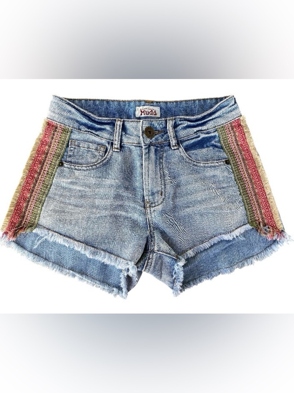 Mudd Denim Jean Shorts Size 3 Fringe Raw Hem Boho Aztec Tribal Side Trim Cutoffs